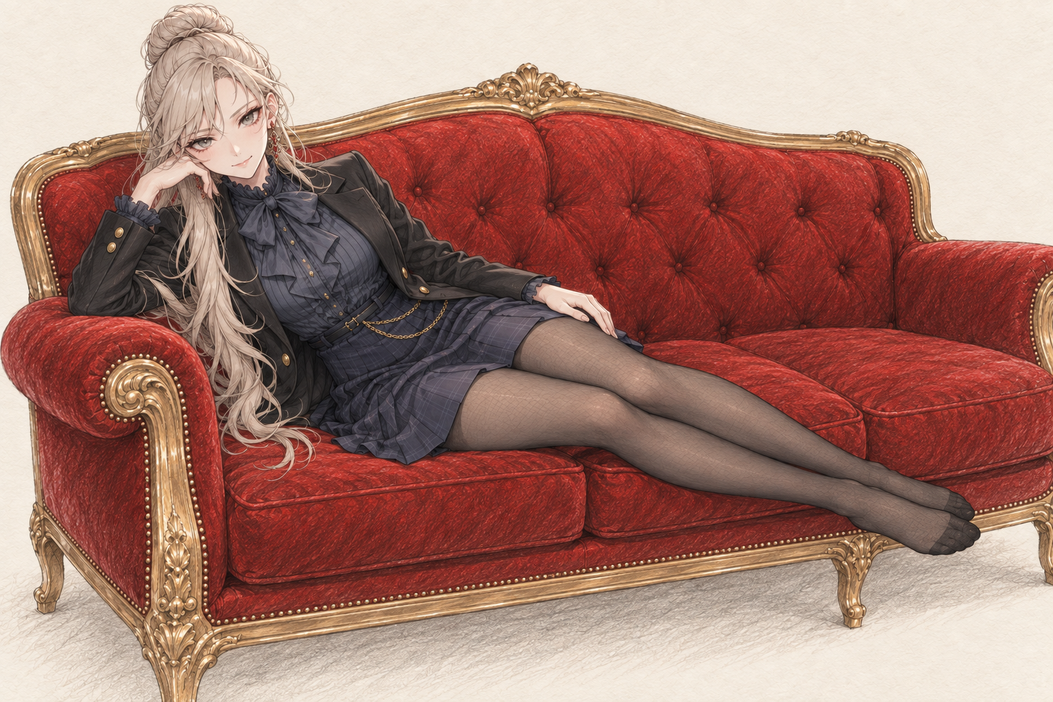 Sherie reclining on a red and gold sofa, without cards, composition 3.