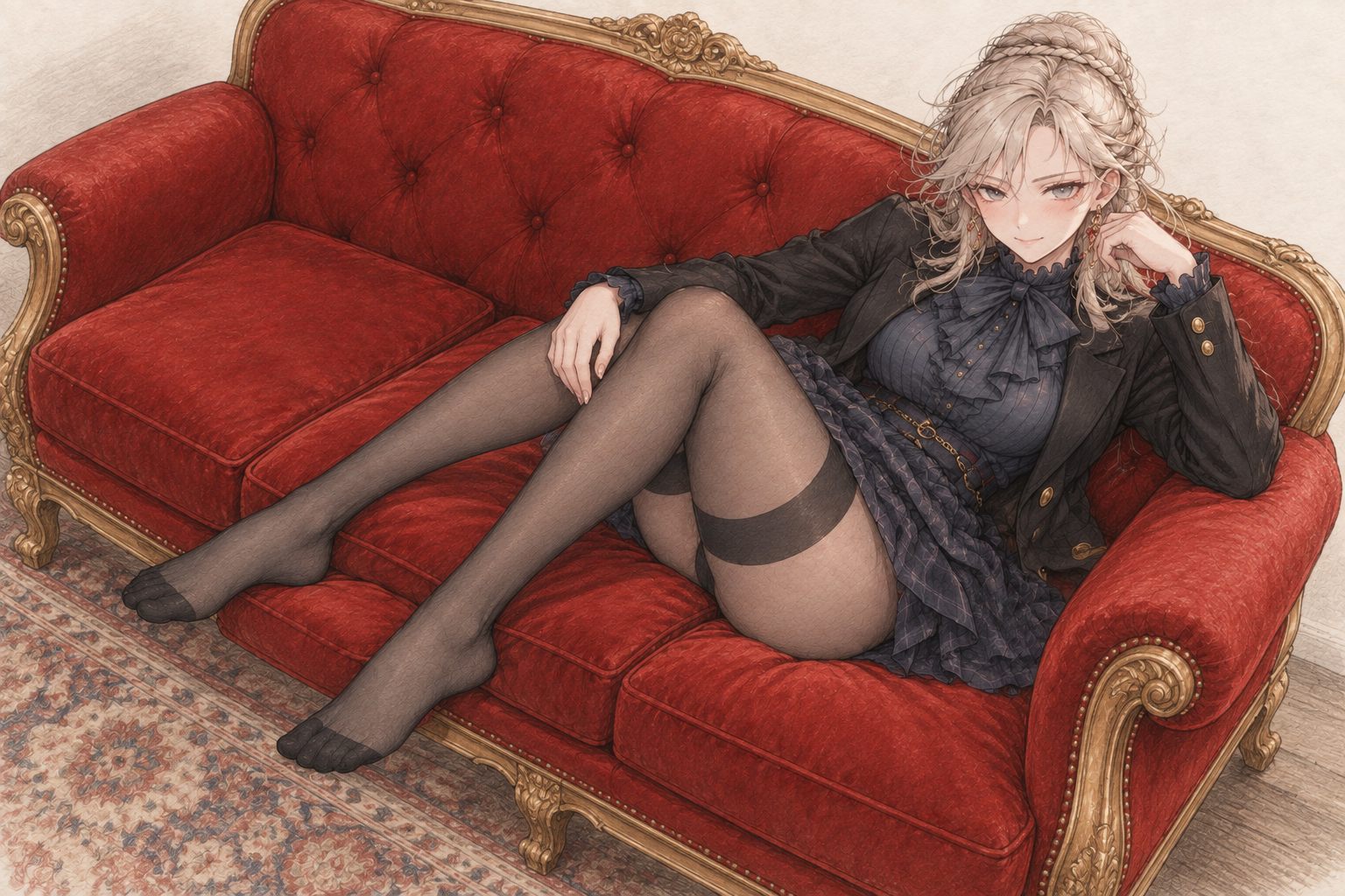 Sherie reclining on a red and gold sofa, without cards, composition 5.