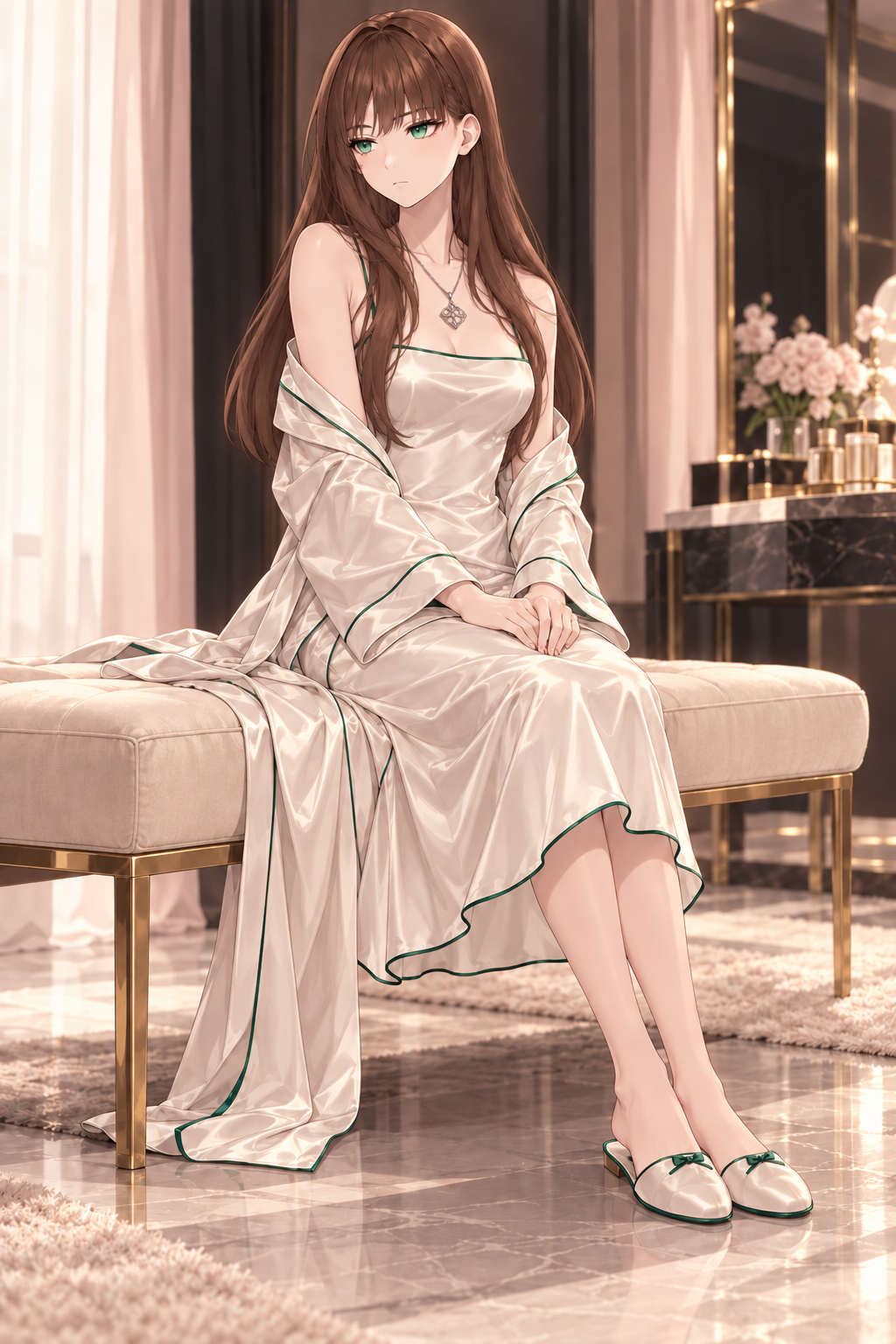 Yulia sits on an upholstered bench in an ivory satin slip and robe with green edging.