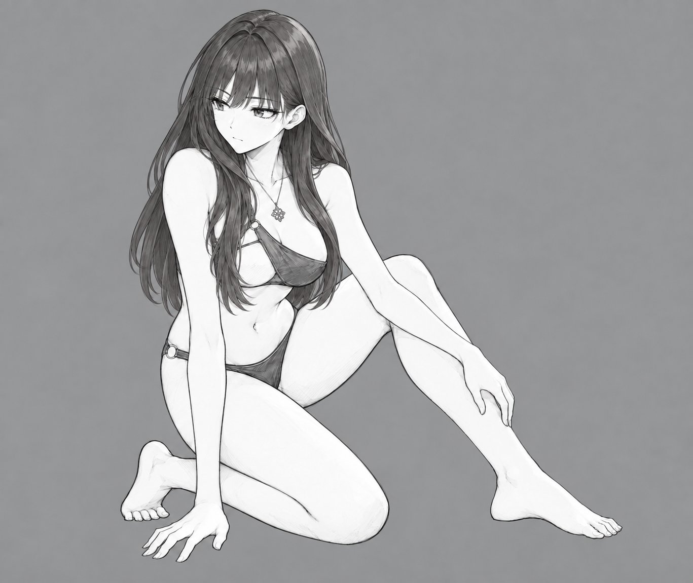 Pencil study of Yulia seated with one knee raised, wearing swimwear and her pendant.