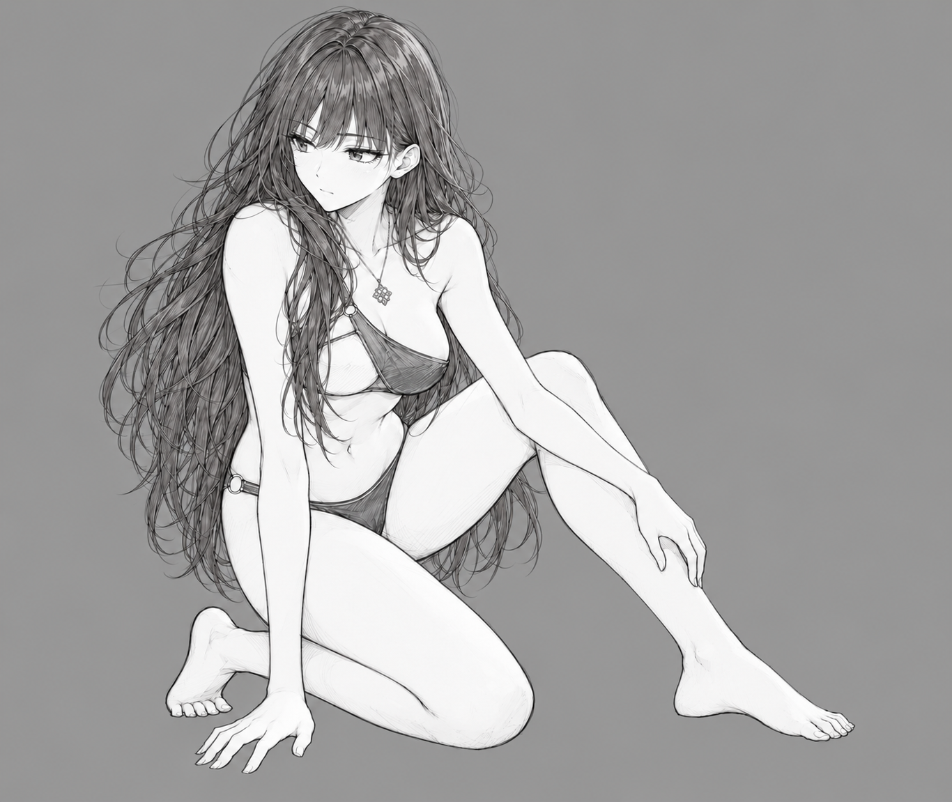 Pencil study of Yulia seated with one knee raised, wearing swimwear and her pendant.