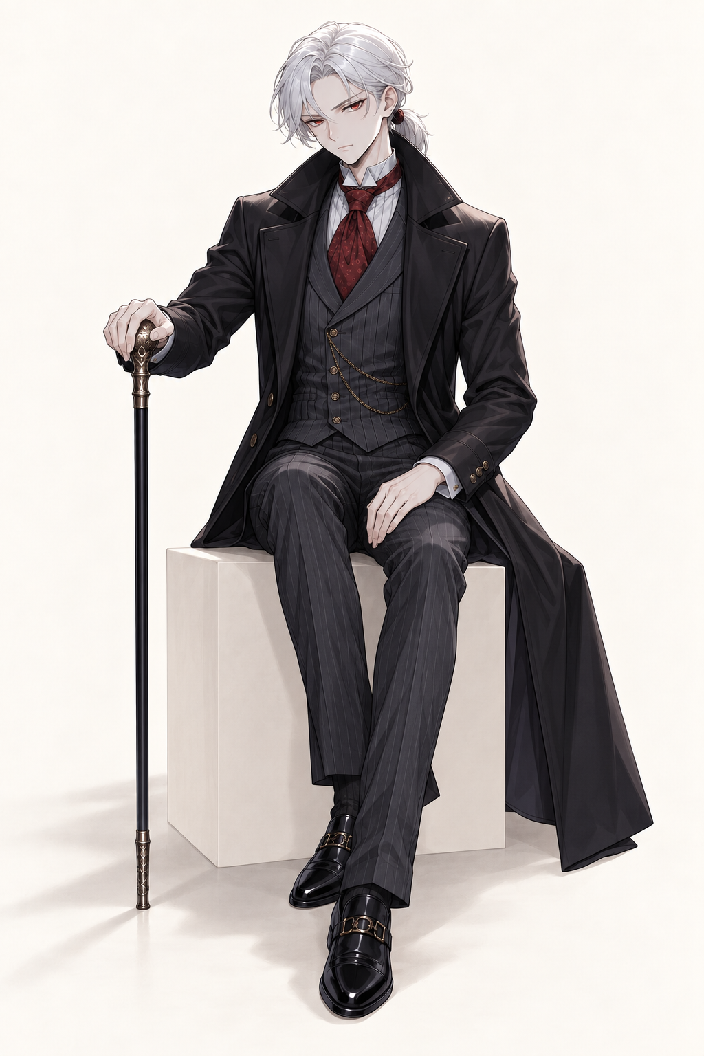 Drake wears a black overcoat over a pinstriped suit and burgundy cravat. Seated on a block.