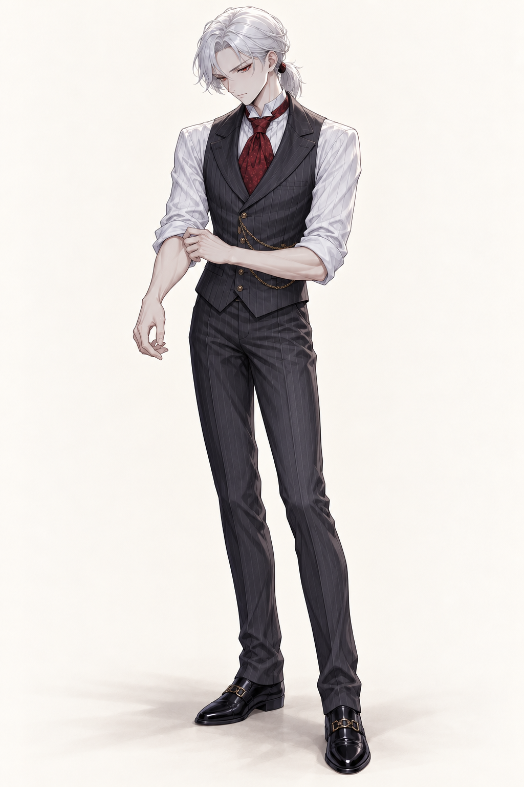 Drake wears a charcoal waistcoat, rolled white sleeves and burgundy cravat. Adjusting sleeve.