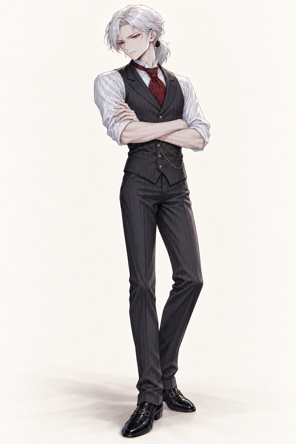 Drake wears a charcoal waistcoat, rolled white sleeves and burgundy cravat. Arms folded.