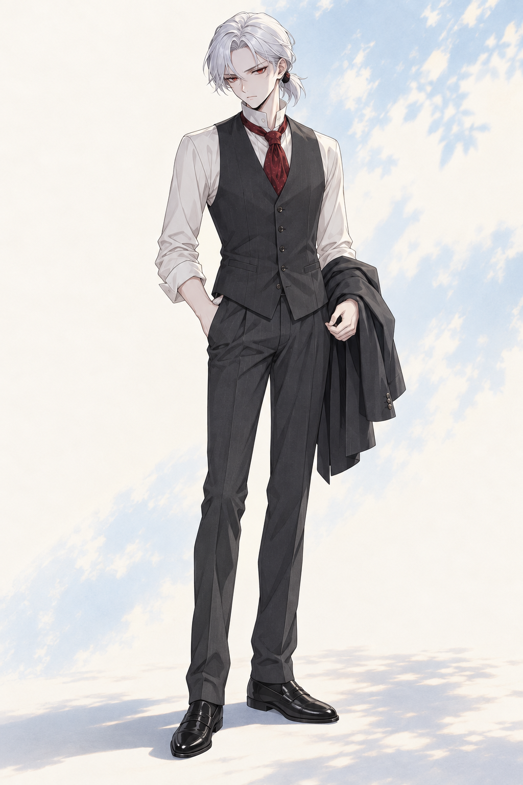 Drake wears a charcoal waistcoat and trousers, rolled white sleeves and a burgundy cravat, carrying his jacket over one arm.