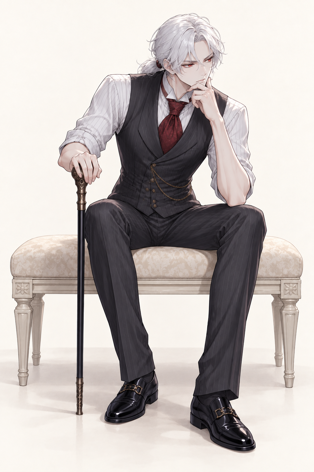 Drake wears a charcoal waistcoat, rolled white sleeves and burgundy cravat. Seated with cane.