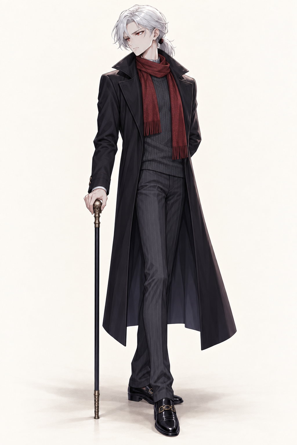Drake wears a long black coat, dark sweater and burgundy scarf. Standing with cane.