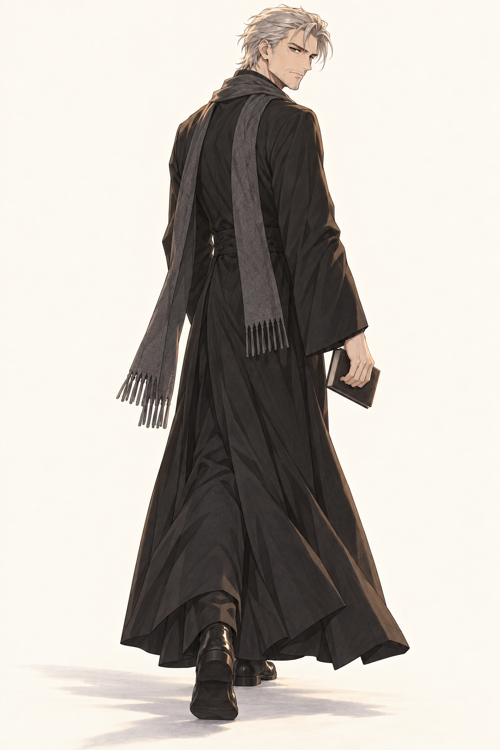 Father Mikhail looks back while walking, showing his long black cassock and grey scarf.