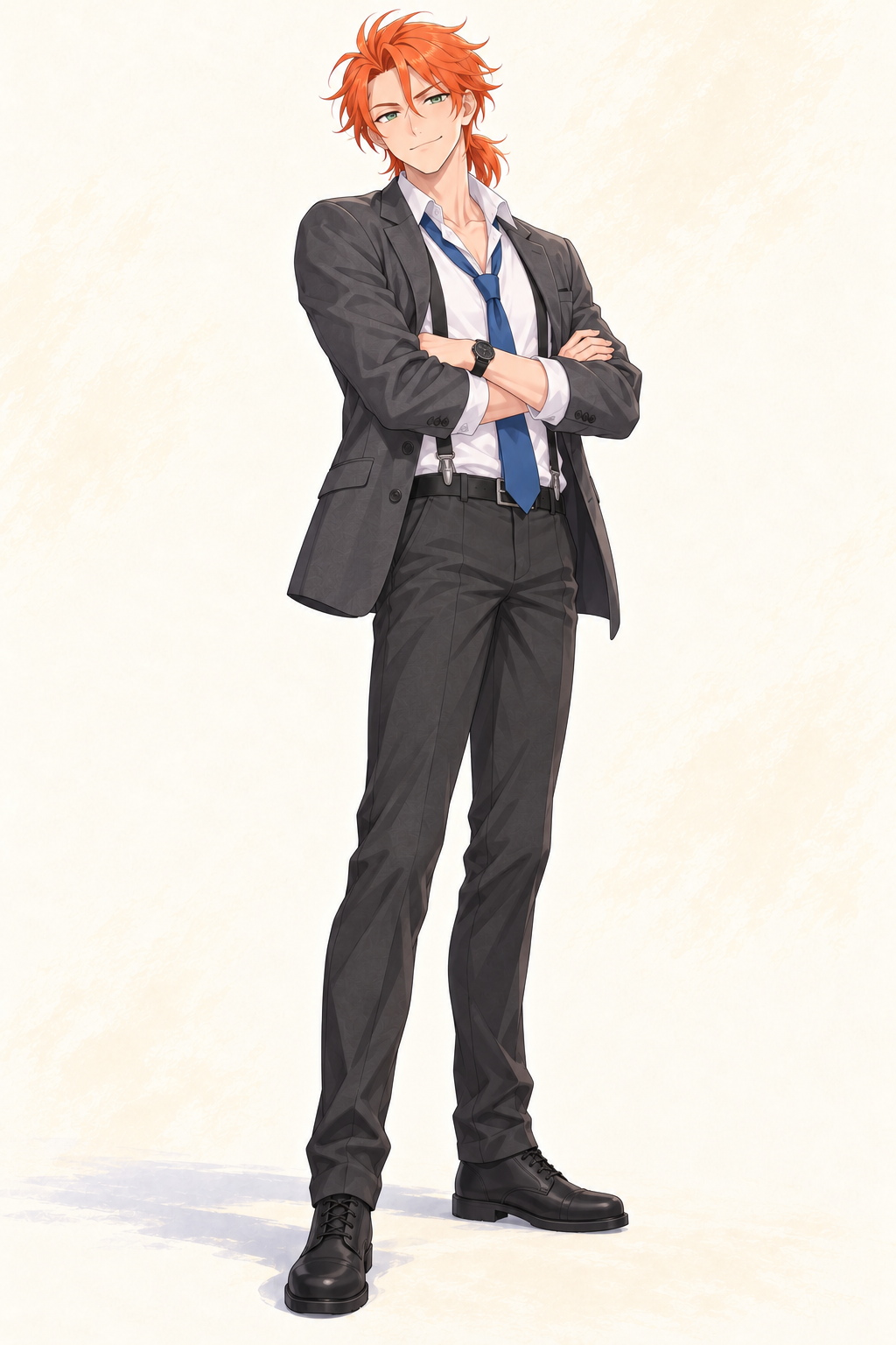 Felix wears a white shirt, loose tie, suspenders and dark trousers with a grey jacket. Arms folded.