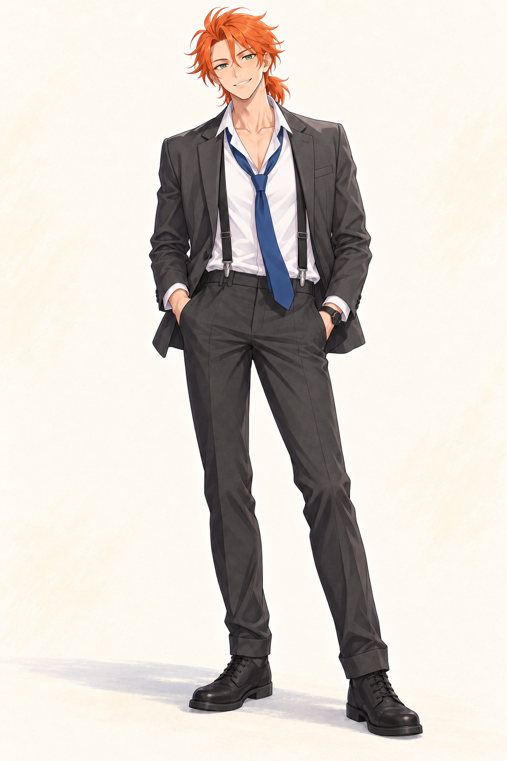 Felix wears a white shirt, loose tie, suspenders and dark trousers with a grey jacket. Hands in pockets.