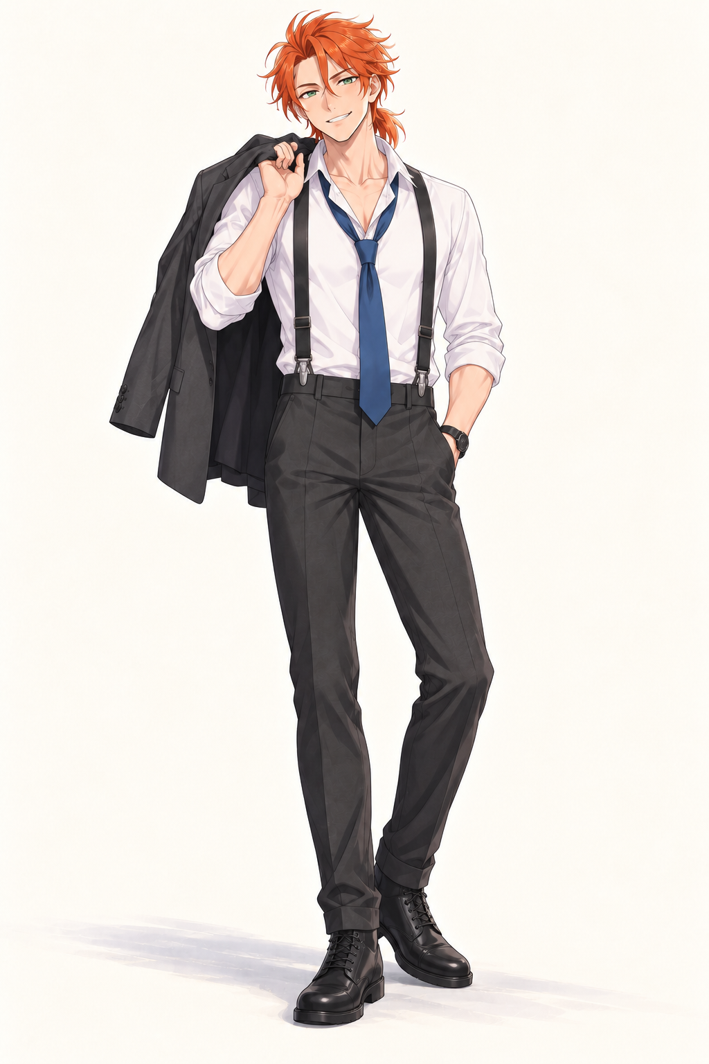 Felix wears a white shirt, loose tie, suspenders and dark trousers with a grey jacket. Jacket over one shoulder.