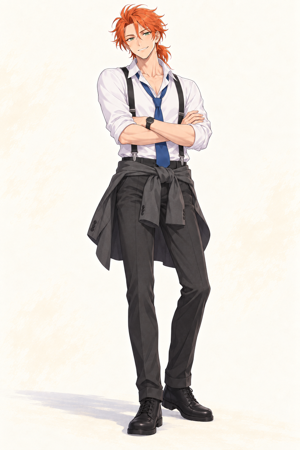 Felix wears a white shirt, loose tie, suspenders and dark trousers with a grey jacket. Jacket tied at waist.