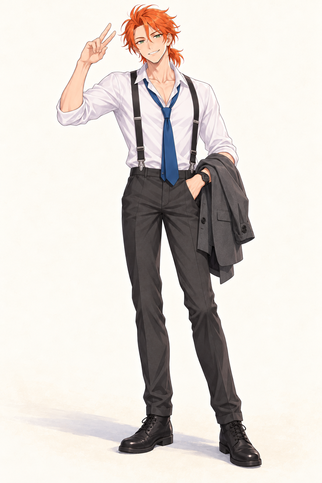 Felix wears a white shirt, loose tie, suspenders and dark trousers with a grey jacket. Peace sign.
