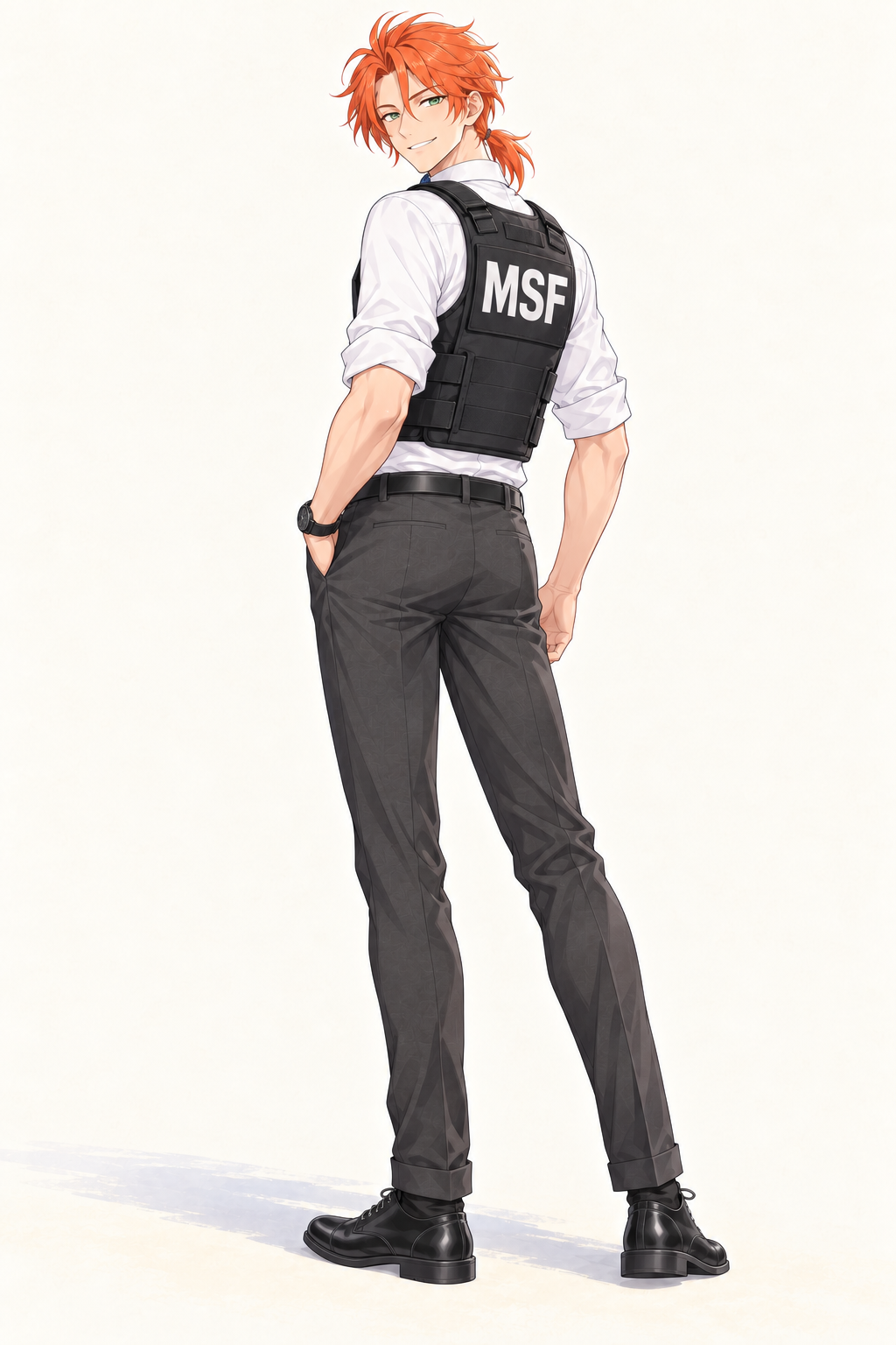 Felix looks back over his shoulder, showing the rear of his MSF vest.