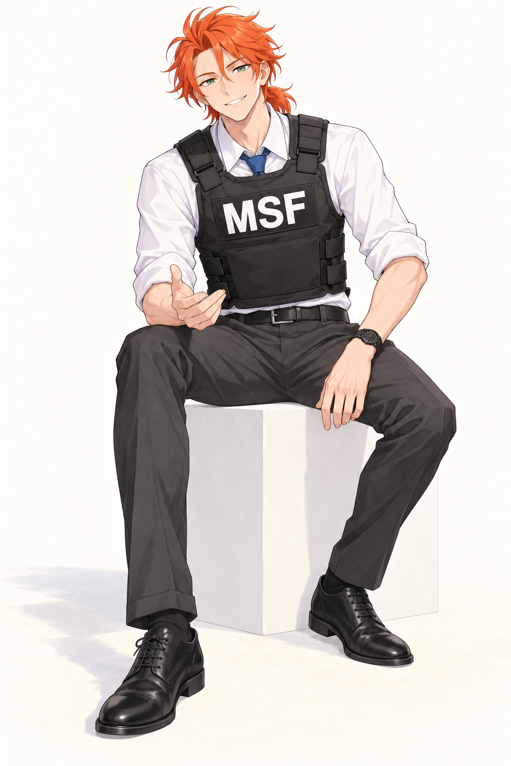 Felix sits on a pale block and gestures with one hand.