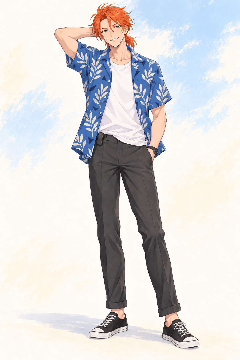 Felix poses with one hand behind his head in a blue leaf-print shirt, white T-shirt, cuffed dark trousers and canvas trainers.