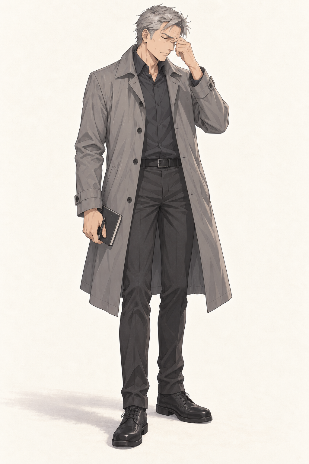 Inspector Leo raises a hand to his brow while holding a closed notebook.