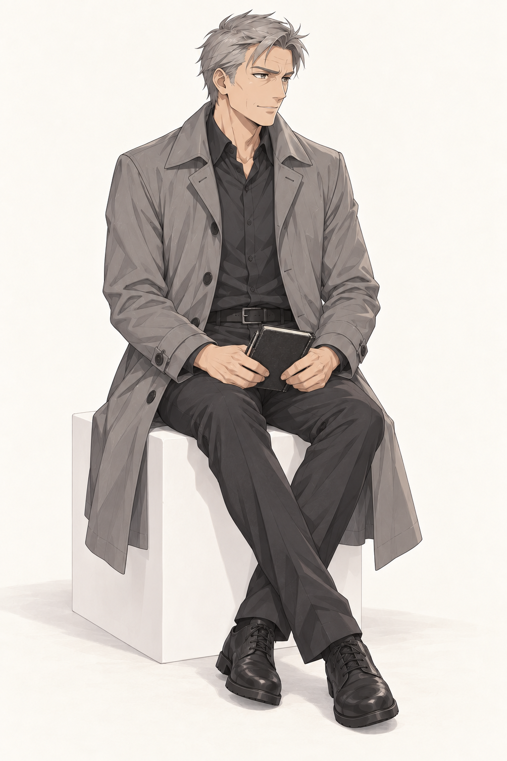 Inspector Leo sits with crossed legs and a closed notebook on his lap.