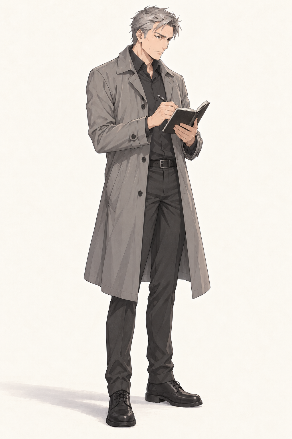 Inspector Leo stands writing in a notebook, wearing a grey overcoat over dark clothes.