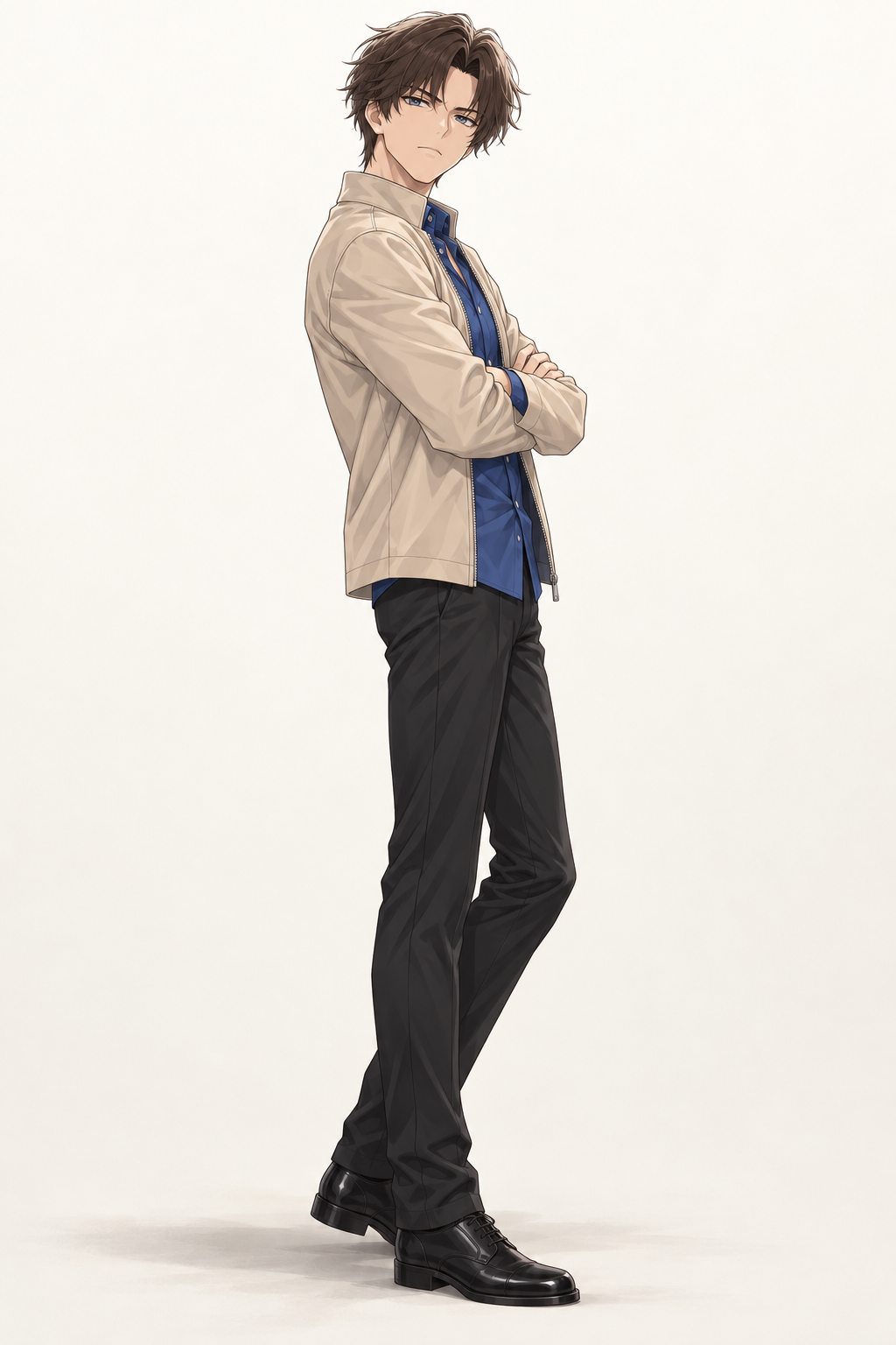 Kyrien wears a beige jacket, blue shirt and dark trousers. Arms folded.