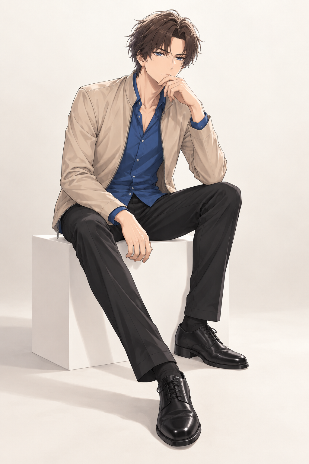 Kyrien wears a beige jacket, blue shirt and dark trousers. Seated with hand at chin.