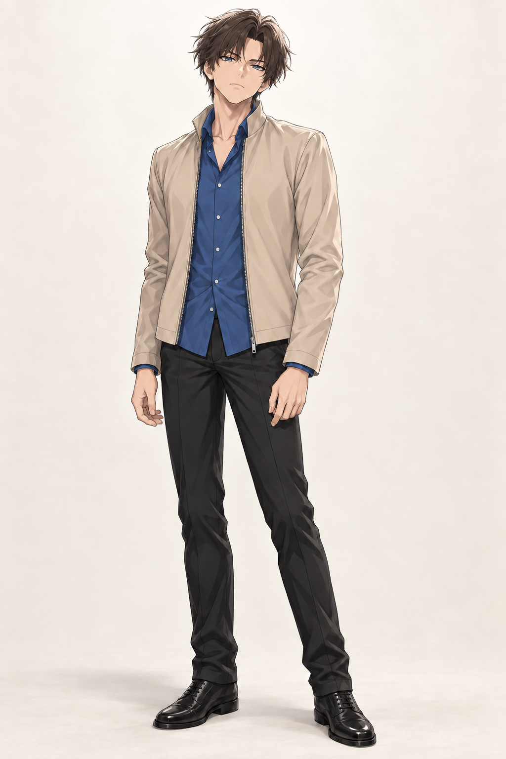 Kyrien wears a beige jacket, blue shirt and dark trousers. Standing front view.