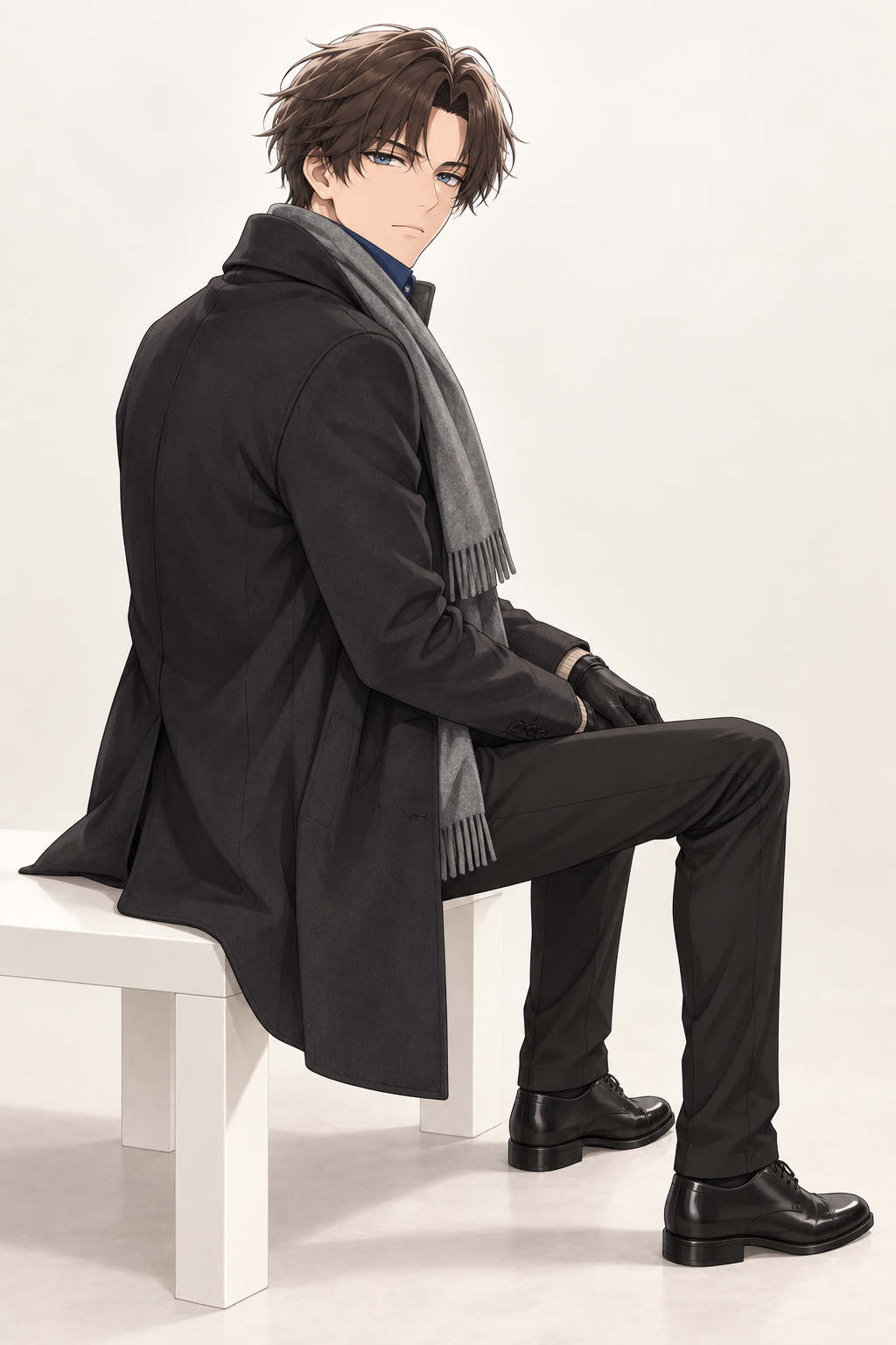 Kyrien wears a black coat over a cream sweater and blue shirt, with a grey scarf and black gloves. Seated bench back view.