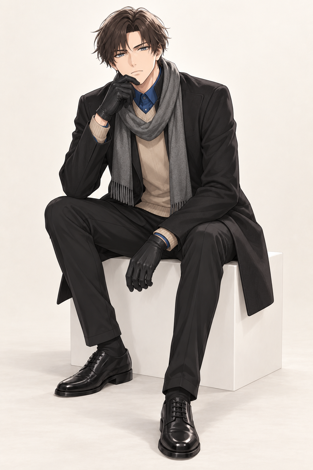 Kyrien wears a black coat over a cream sweater and blue shirt, with a grey scarf and black gloves. Seated with hand at chin.