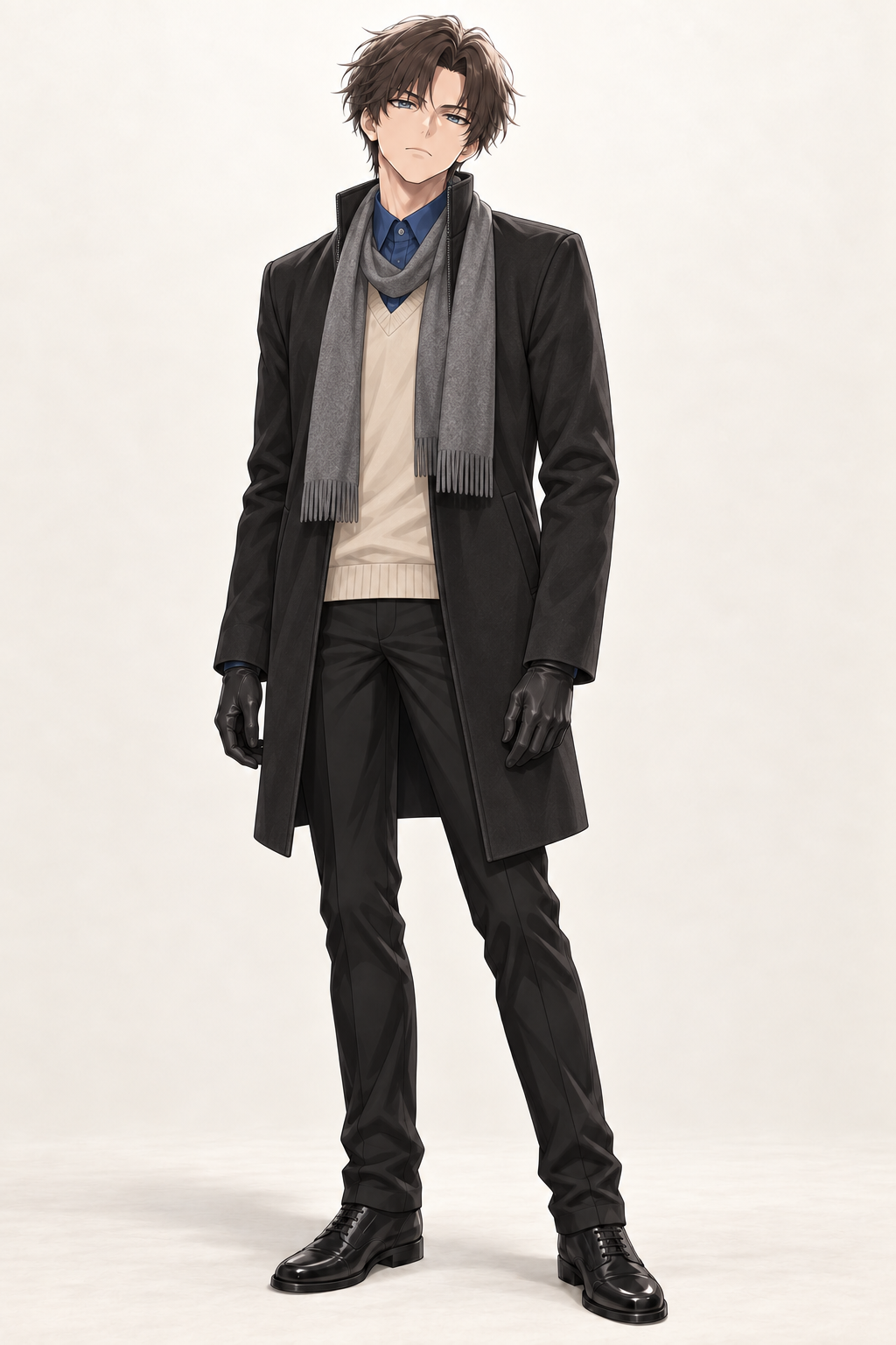 Kyrien wears a black coat over a cream sweater and blue shirt, with a grey scarf and black gloves. Standing front view.