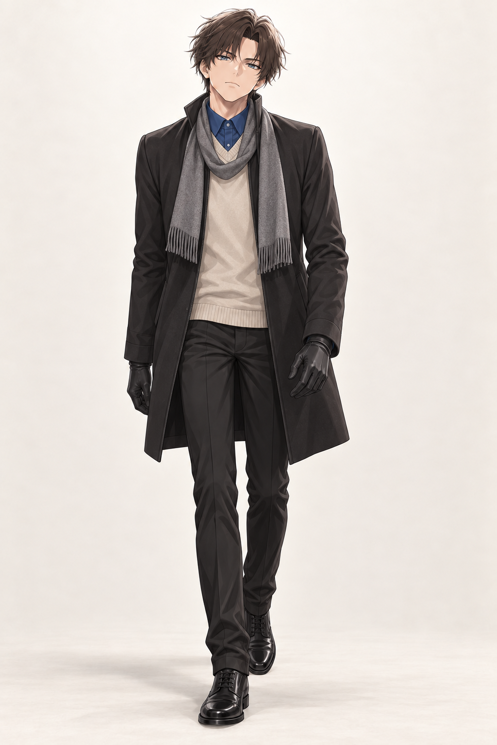 Kyrien wears a black coat over a cream sweater and blue shirt, with a grey scarf and black gloves. Walking front view.