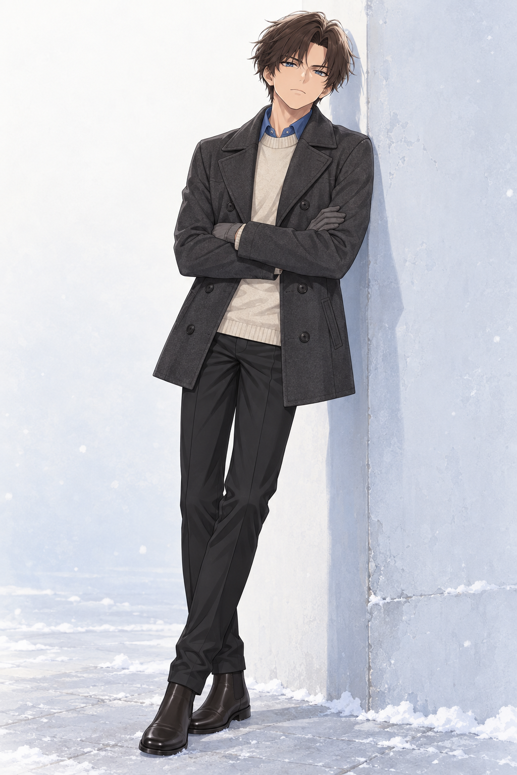Kyrien leans against a wall with folded arms, wearing a charcoal peacoat over a cream sweater and blue shirt.