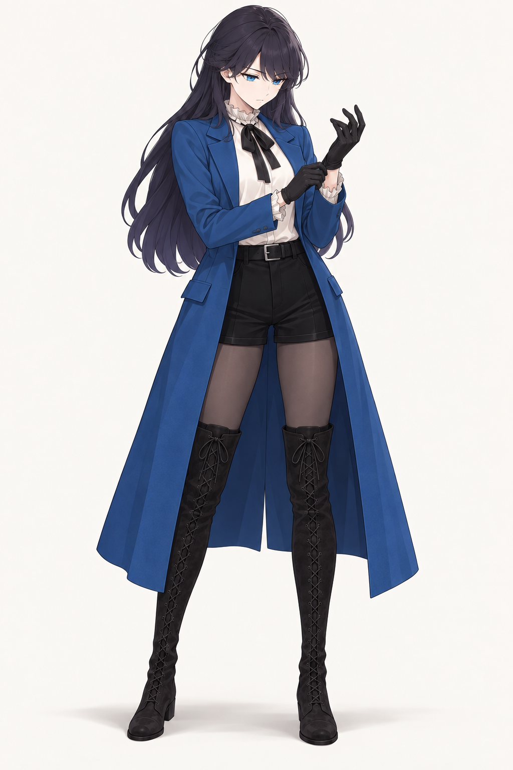 Lynleit looks down while pulling on a black glove, wearing a long blue coat, white ruffled blouse, black bow, belted black shorts, dark tights and tall black lace-up suede boots.