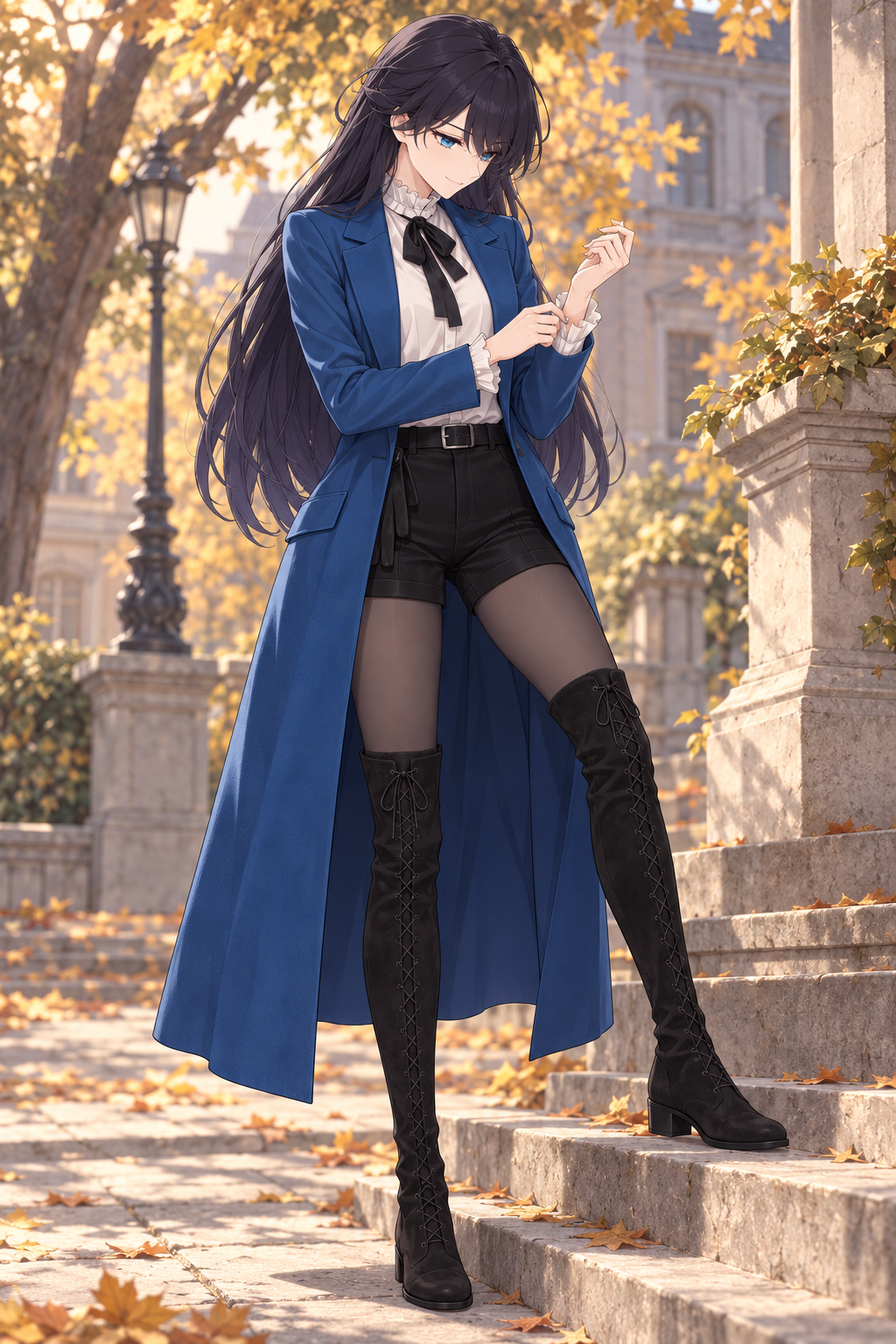 Lynleit adjusts a cuff with one boot resting on a stone step beneath golden foliage, wearing a long blue coat, white ruffled blouse, black bow, belted black shorts, dark tights and tall black lace-up suede boots.