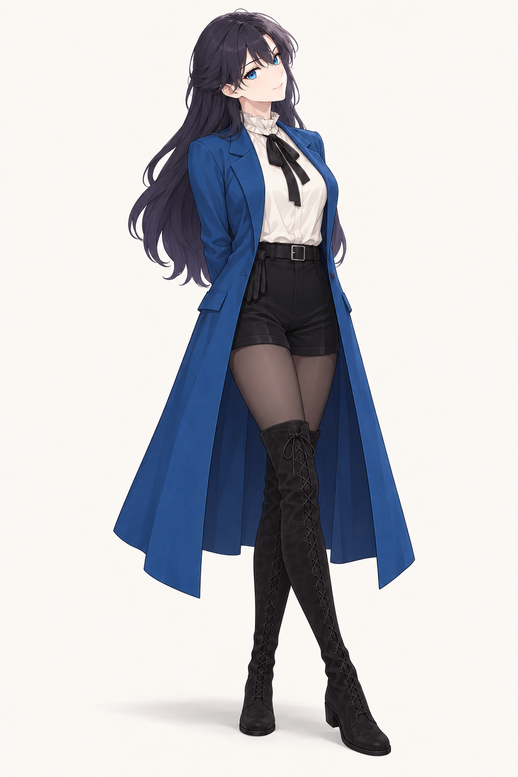 Lynleit stands with her hands behind her back, wearing a long blue coat, white ruffled blouse, black bow, belted black shorts, dark tights and tall black lace-up suede boots.