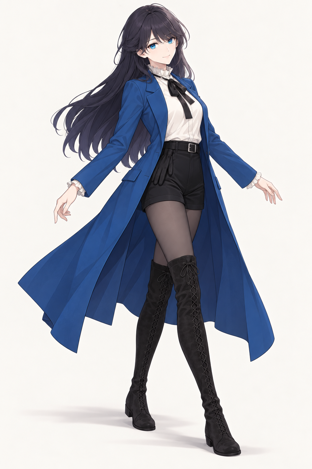 Lynleit steps forward with her arms slightly open and her coat flaring, wearing a long blue coat, white ruffled blouse, black bow, belted black shorts, dark tights and tall black lace-up suede boots.