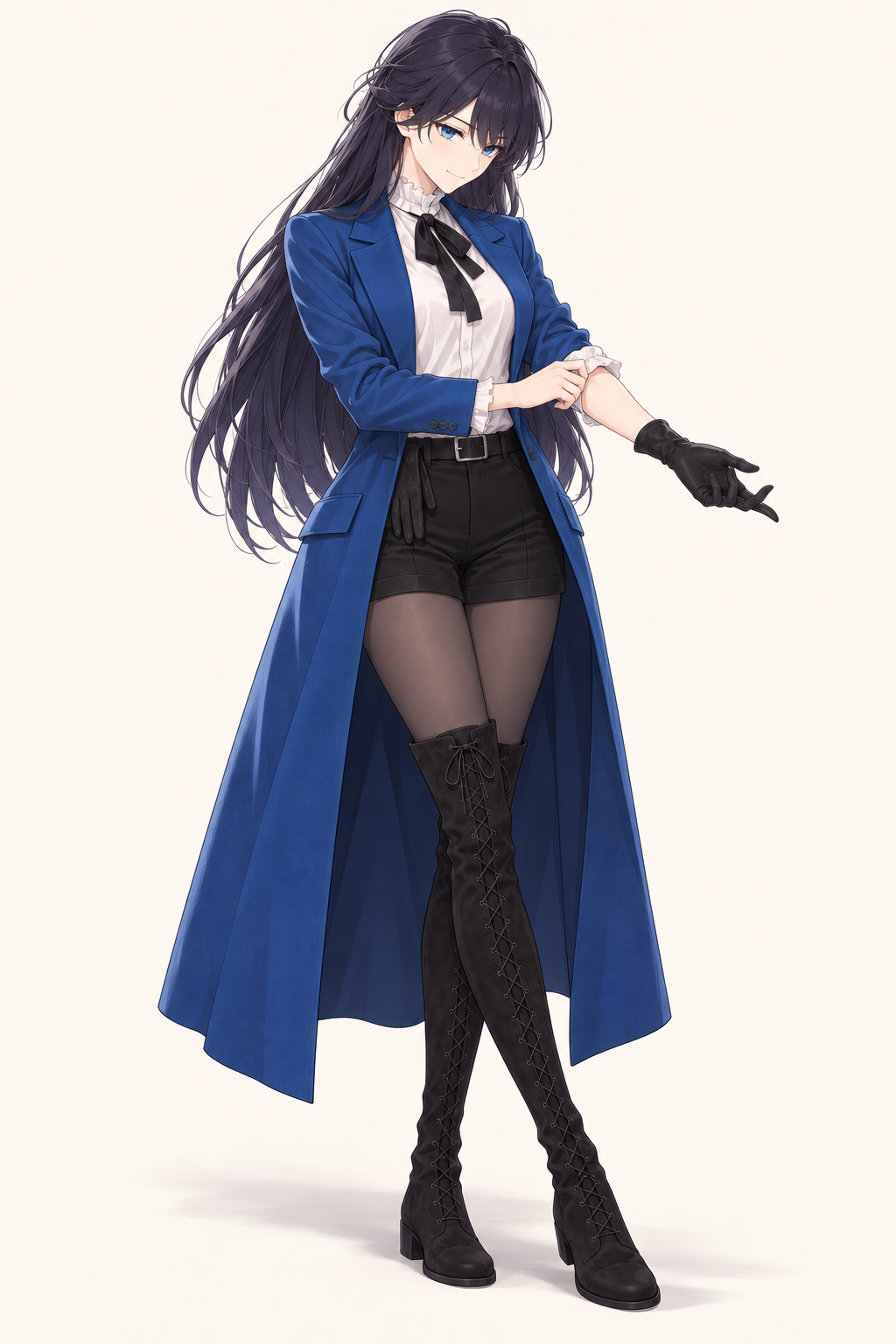 Lynleit rolls up the sleeve above one protective glove, wearing a long blue coat, white ruffled blouse, black bow, belted black shorts, dark tights and tall black lace-up suede boots.