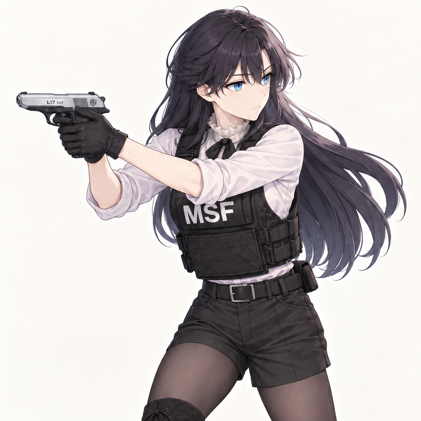 Lynleit aims a silver pistol with both gloved hands, her blouse sleeves rolled up beneath an MSF vest.