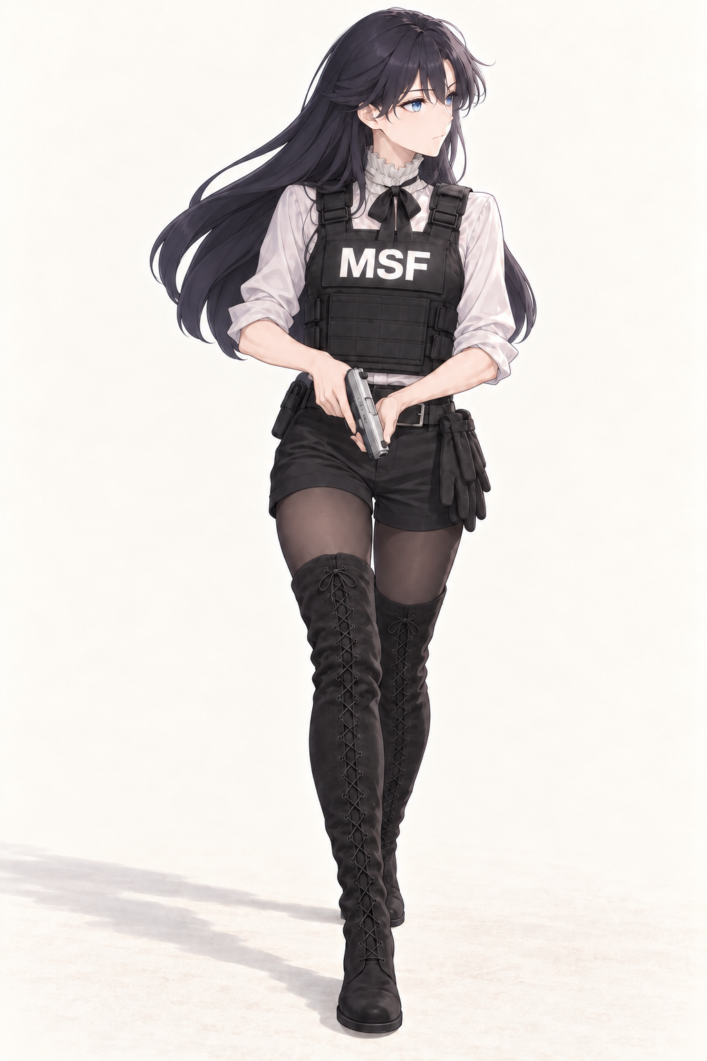 Lynleit stands holding a silver pistol pointed down, wearing an MSF vest, rolled sleeves, belted shorts and tall lace-up suede boots.