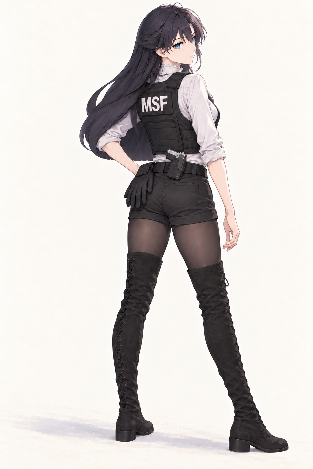 Lynleit looks back while walking in an MSF vest, belted shorts and tall lace-up suede boots.