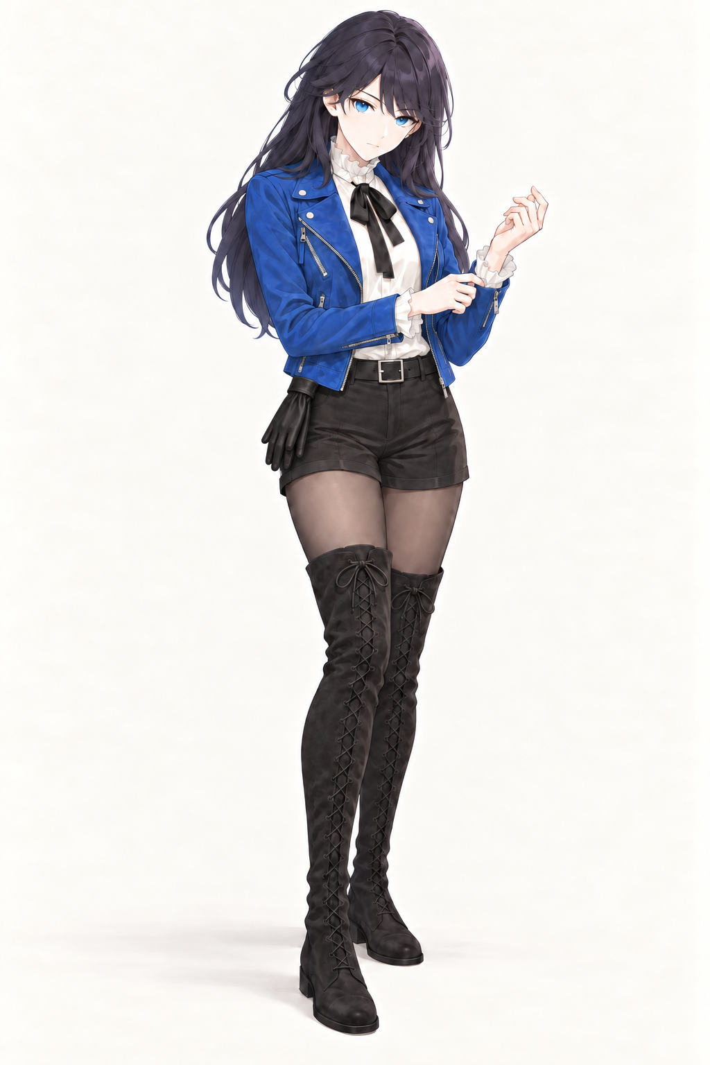 Lynleit stands adjusting a blouse cuff, wearing a cropped blue jacket, white ruffled blouse, black bow, belted black shorts, dark tights and tall black lace-up suede boots.