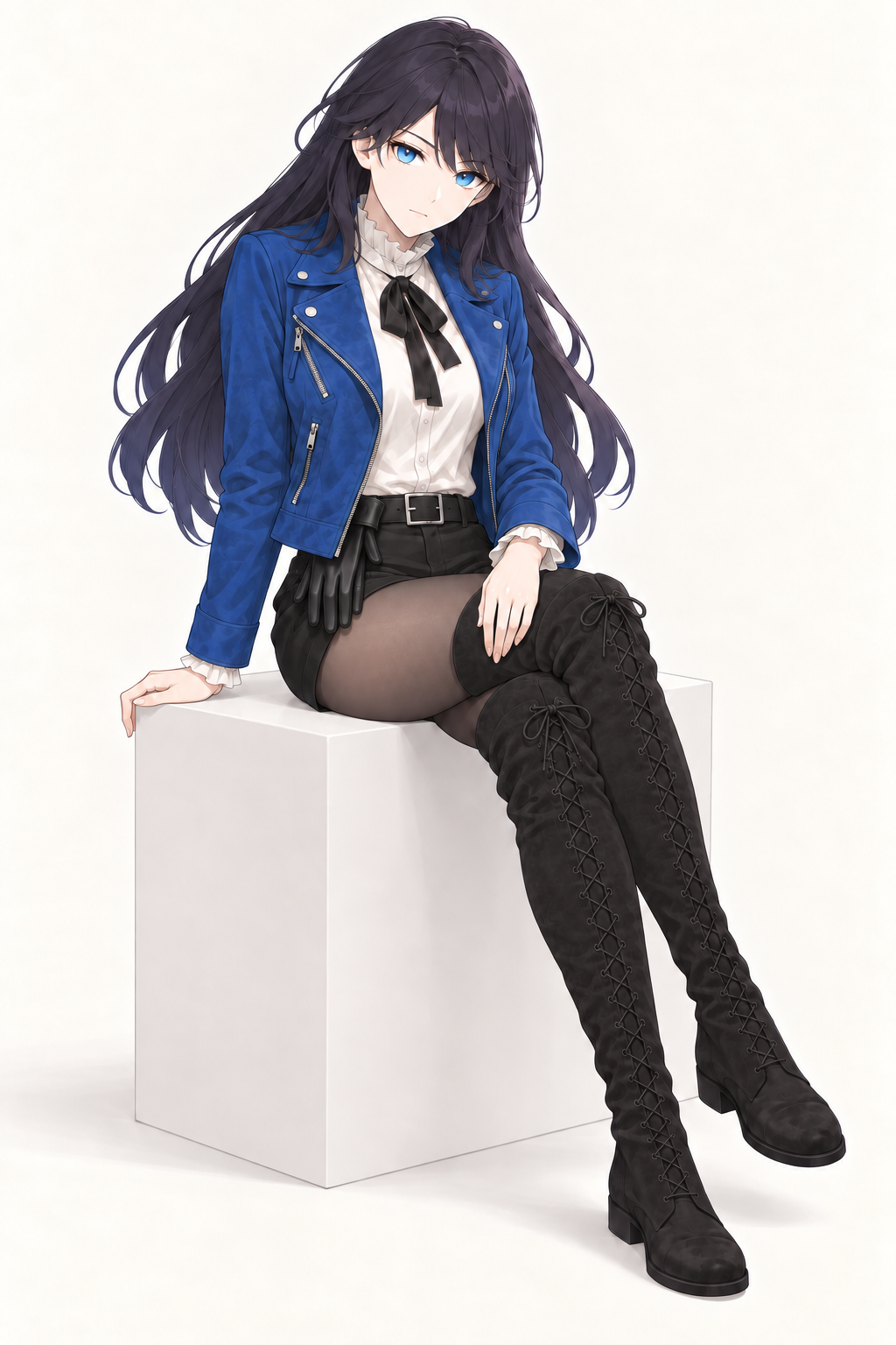 Lynleit sits cross-legged on a white block with gloves hanging from her belt, wearing a cropped blue jacket, white ruffled blouse, black bow, belted black shorts, dark tights and tall black lace-up suede boots.