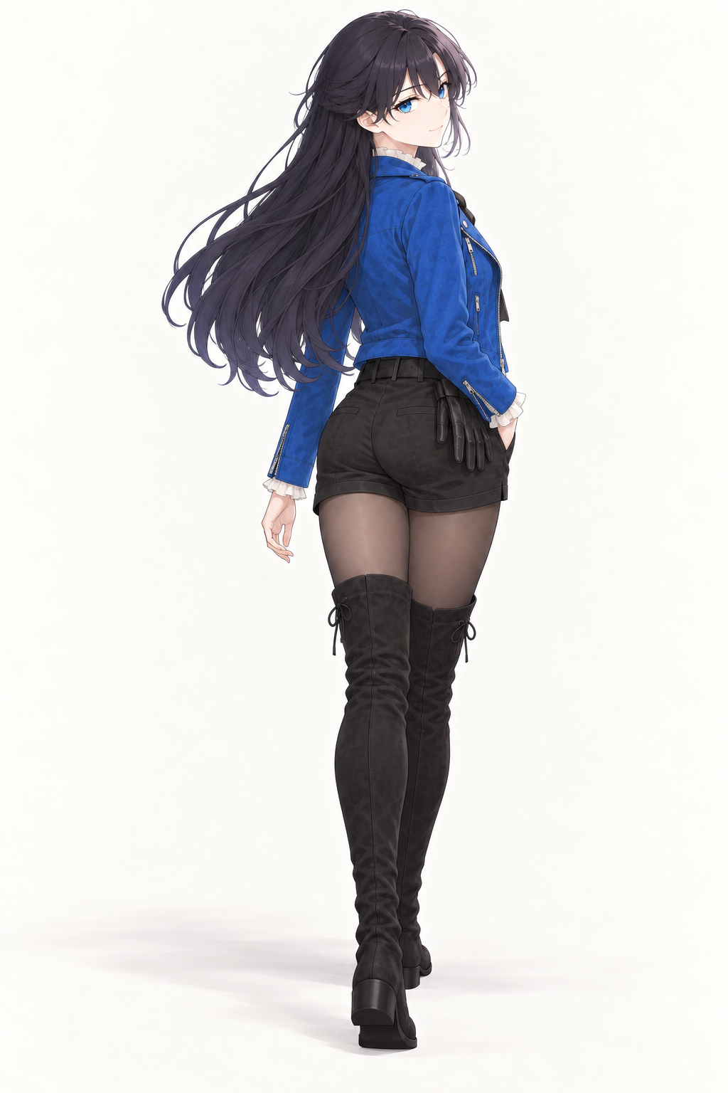 Lynleit walks away while looking over her shoulder, wearing a cropped blue jacket, white ruffled blouse, black bow, belted black shorts, dark tights and tall black lace-up suede boots.