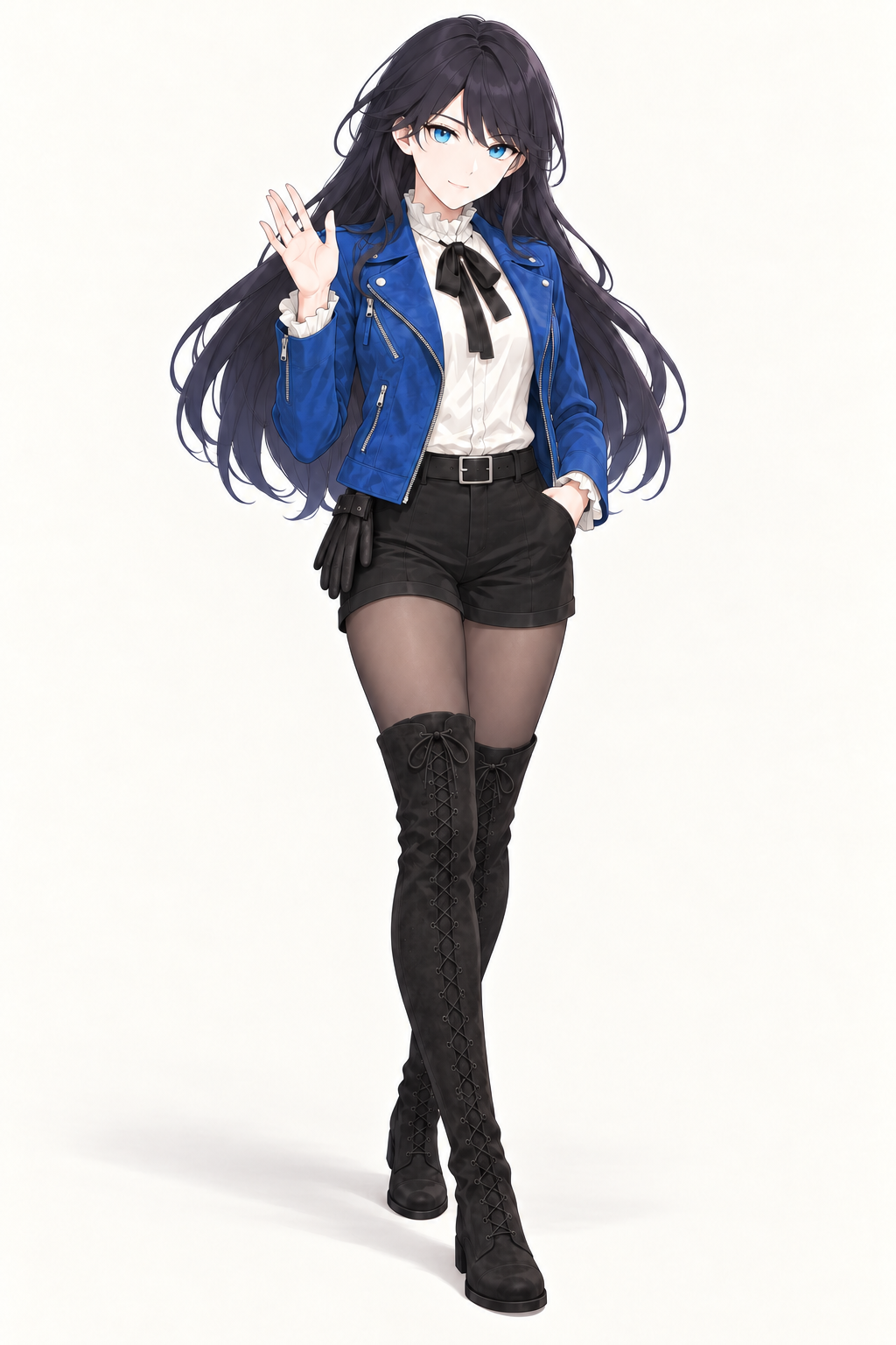 Lynleit waves with one hand and rests the other in a pocket, wearing a cropped blue jacket, white ruffled blouse, black bow, belted black shorts, dark tights and tall black lace-up suede boots.