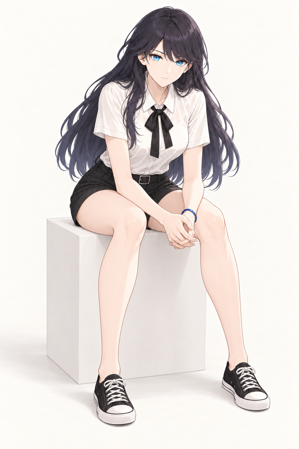 Lynleit sits on a white block with her hands together, wearing a short-sleeved white shirt, black bow, belted black shorts, blue wristband and black canvas trainers.