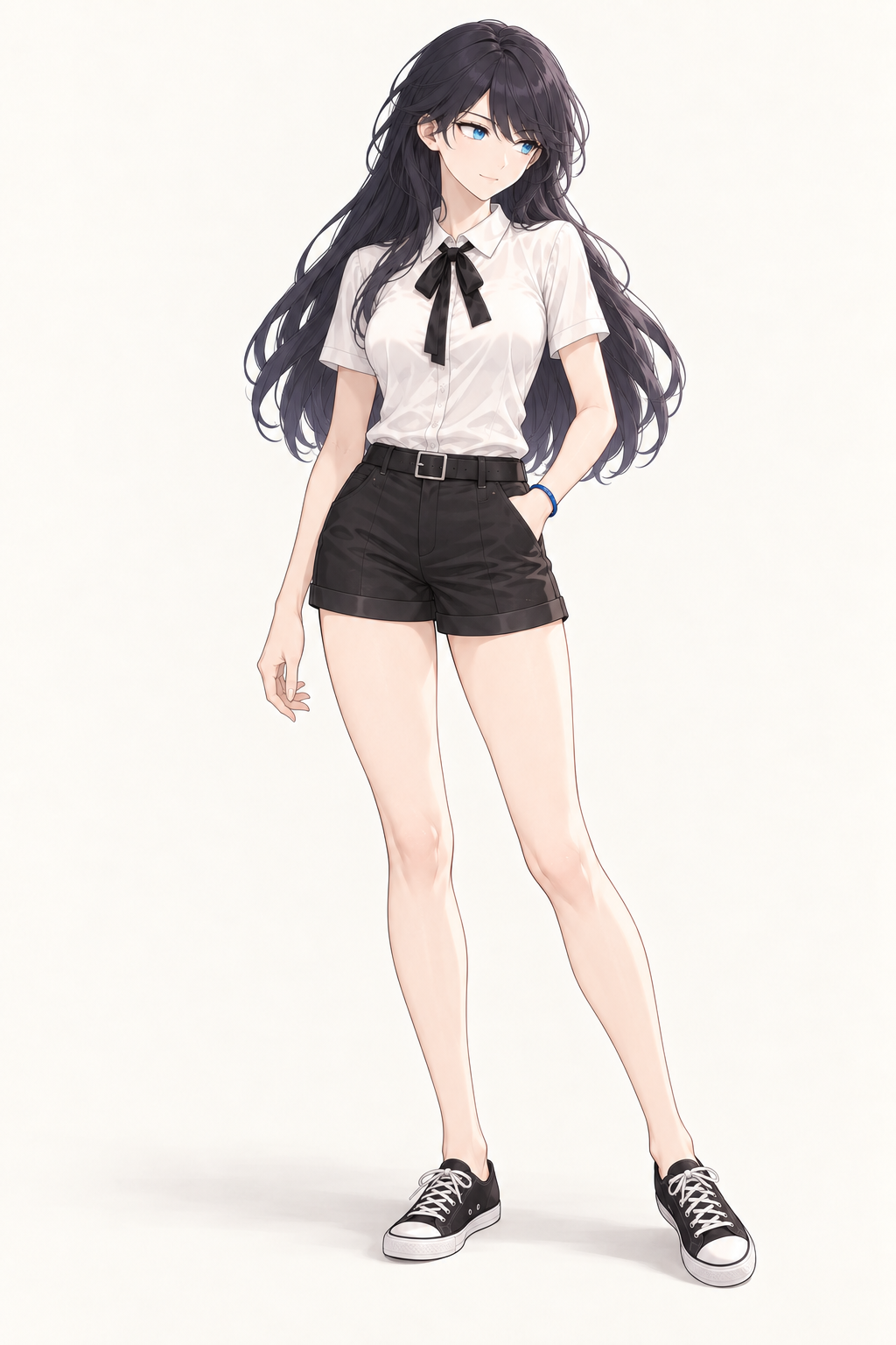 Lynleit stands with one hand in a pocket, wearing a short-sleeved white shirt, black bow, belted black shorts, blue wristband and black canvas trainers.