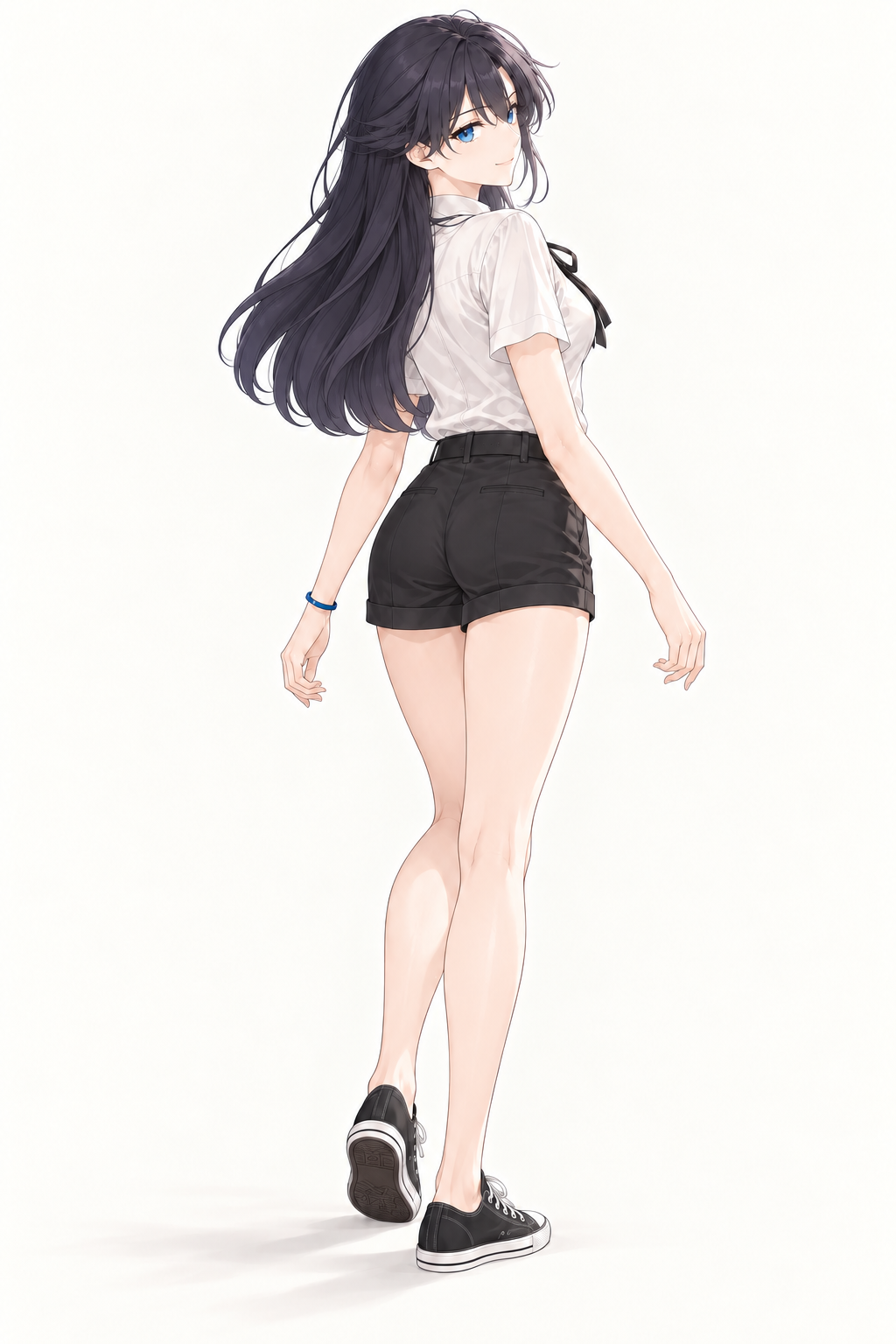 Lynleit walks away while looking back over her shoulder, wearing a short-sleeved white shirt, black bow, belted black shorts, blue wristband and black canvas trainers.