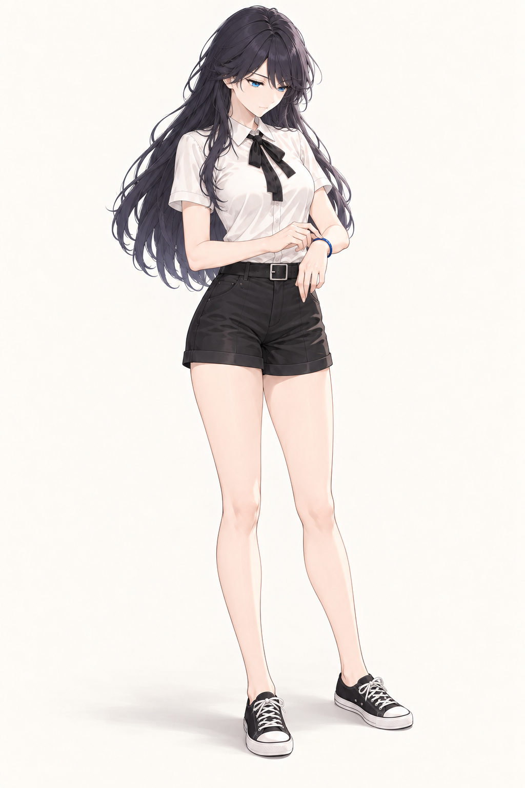 Lynleit looks down while adjusting a blue wristband, wearing a short-sleeved white shirt, black bow, belted black shorts, blue wristband and black canvas trainers.