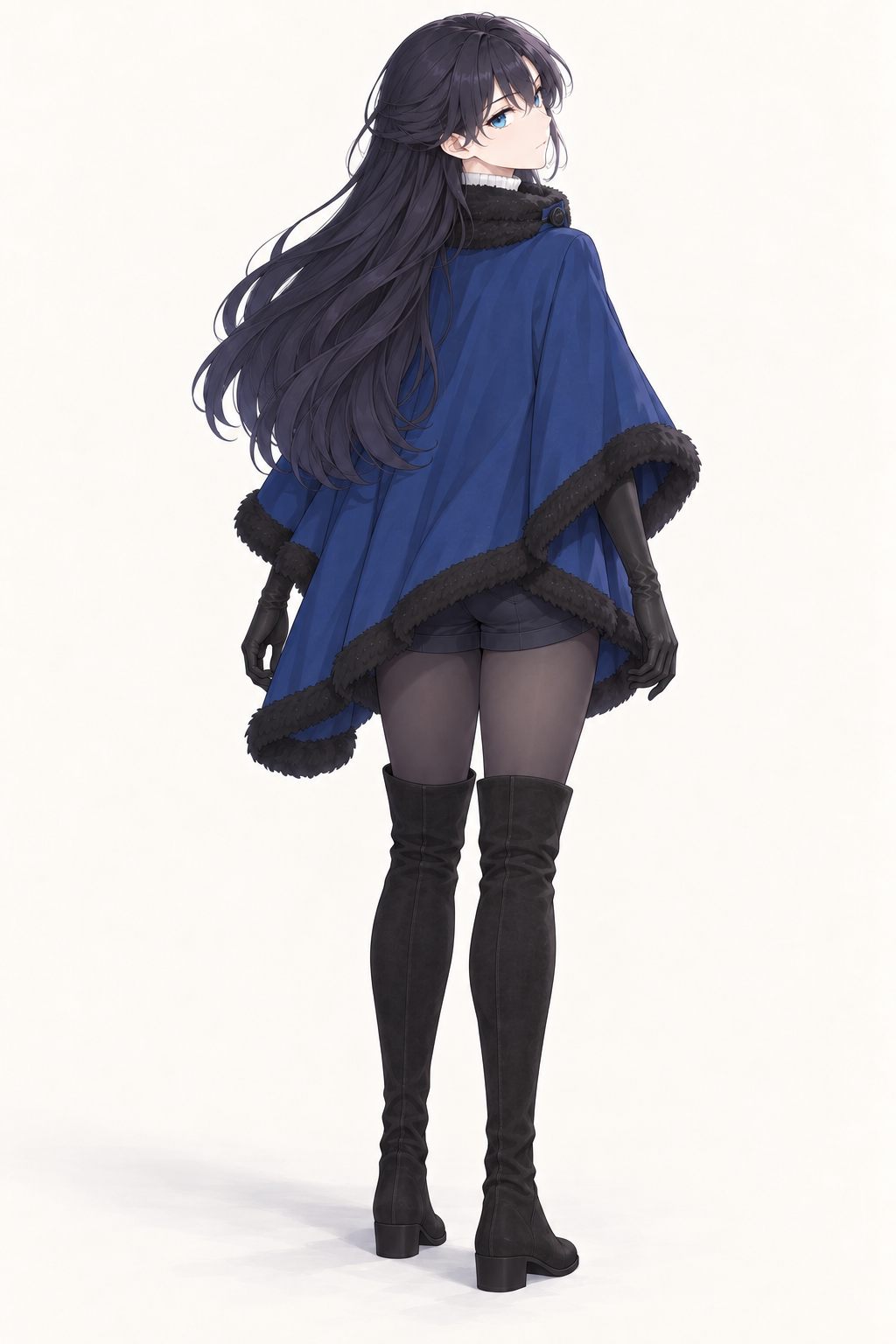 Lynleit stands facing away and looks over her shoulder, wearing a blue fur-trimmed cape, black gloves, belted dark shorts, tights and tall black suede boots.