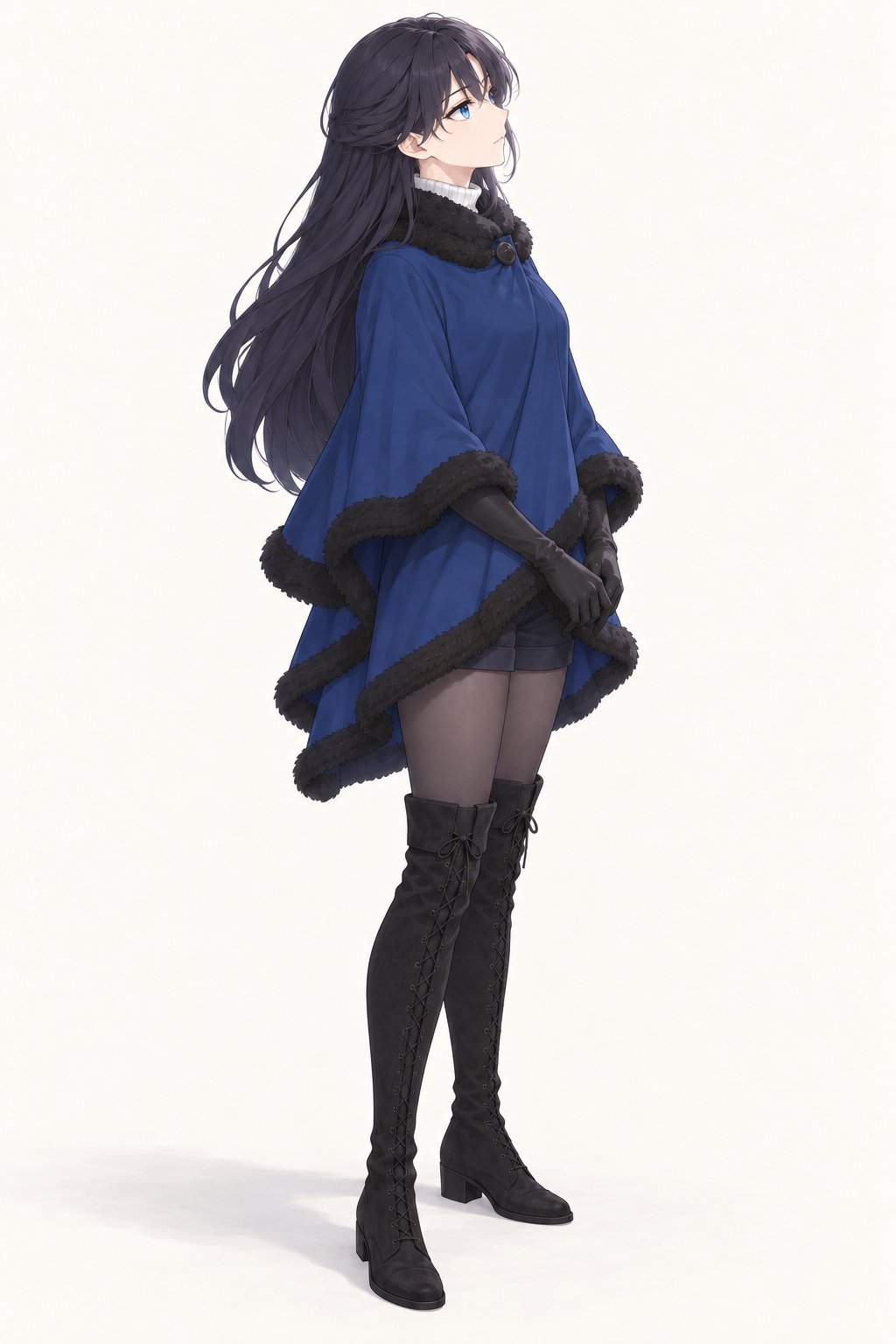 Lynleit stands at a three-quarter angle with her hands together, wearing a blue fur-trimmed cape, black gloves, belted dark shorts, tights and tall black suede boots.