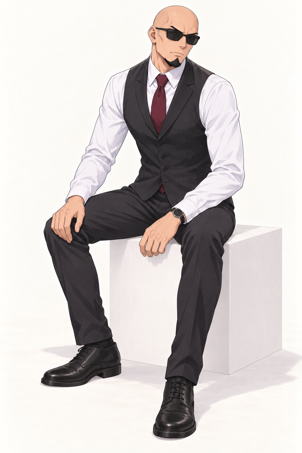 Reiner sits on a pale block in a dark waistcoat, white shirt and sunglasses.
